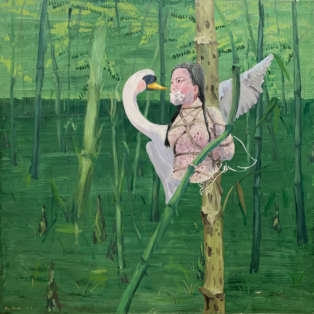 《丽达与天鹅》  许力炜 120x120cm 2019年 布面油画