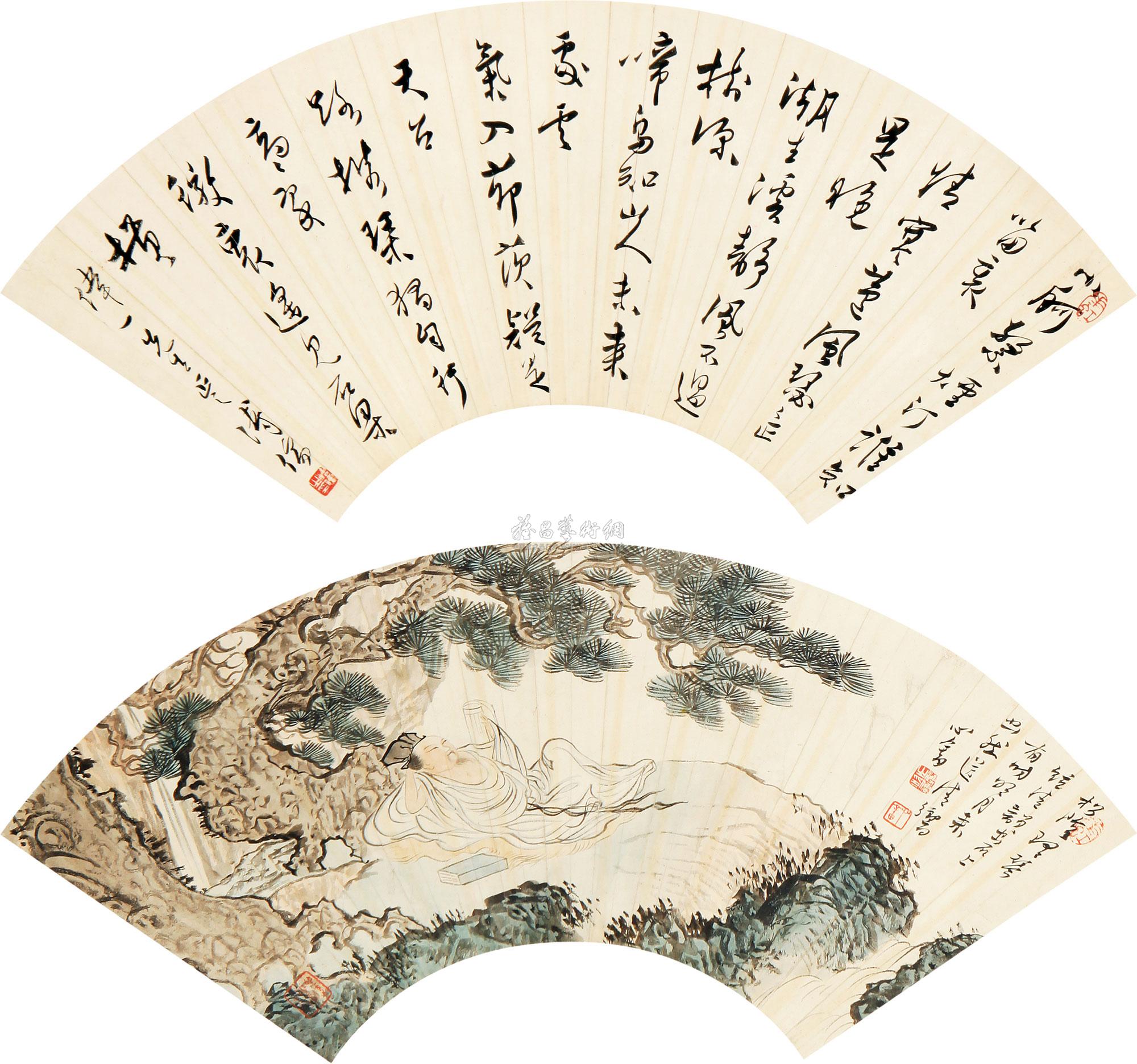 0006 松荫读书图·行书诗句 立轴 设色纸本