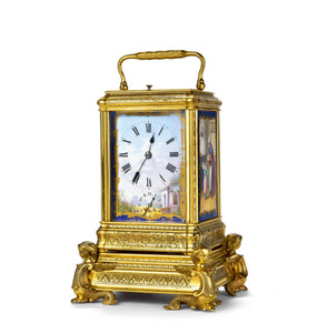 约1890年 法国铜鎏金及瓷板带底座大自鸣旅行钟