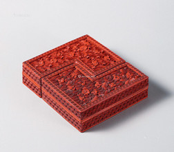 剔红雕漆「桃花流水」图双联盖盒