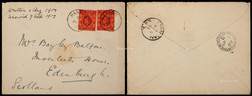 1907年英国汉口客邮局寄苏格兰封，贴香港四先两枚