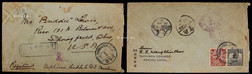 1916年清华寄美国超重挂号封，背贴帆船20分、6分各一枚