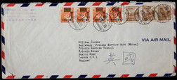 1950年上海寄英国航空封，贴普1-1万3枚、改1-1000元-4枚