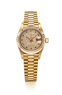 劳力士  精美，女装黄金镶钻石及绿宝石自动链带腕表，备日期显示，「Datejust」，型号69718，年份约1993，附原厂证书