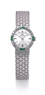 欧米茄  复古精美，女装白金镶钻石及绿宝石机械链带腕表，年份约1991