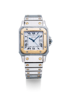 卡地亚  精美，双色黄金及精钢镶蓝宝石方形自动链带腕表，备日期显示，「Santos de Cartier」，年份约2002，附原厂表盒
