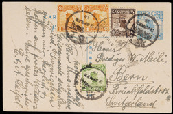1922年第三版帆船1分半邮资片上海寄瑞士，加贴帆船1分两枚，半分及2分各一枚