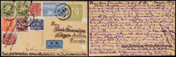 1947年孙中山像火炬版10元邮资片上海寄奥地利，加贴上海版航邮27元一枚及不同版孙中山像含国币改值七枚