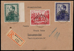 东德1951年博尔纳寄南汉诺威挂号封，贴德中友好全套三枚