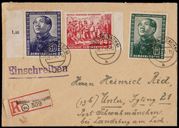 东德1951年林巴贺寄施瓦布明兴挂号封，贴德中友好全套三枚