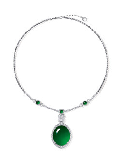 重要的 缅甸天然满绿翡翠蛋面配钻石项链