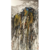 王作均 《一树临风》180cm x 98cm、水墨、彩、皮纸、2017年（大）。