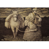 谢军 《牵马的藏汉》（钢笔画、1996年）