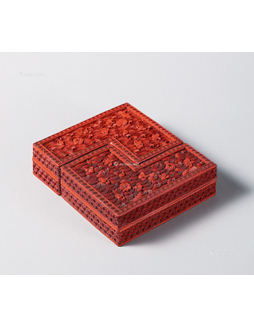 剔红雕漆「桃花流水」图双联盖盒