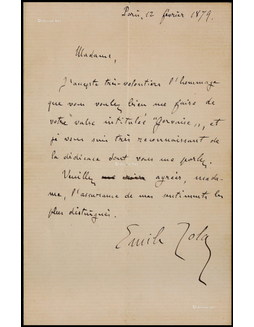 “法国著名批判现实主义作家”爱弥尔·左拉（Emile Zola）亲笔信