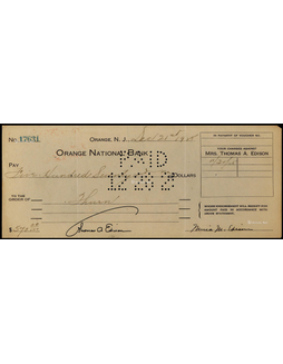 “世界最伟大的发明家”托马斯·爱迪生（Thomas Edison）与夫人米娜·爱迪生（Mina Edison）联合签名支票