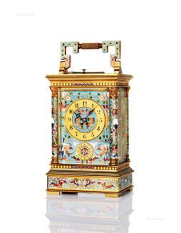 法国 精美，铜质珐琅机械小台钟，备闹铃功能