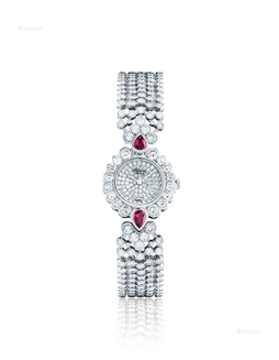萧邦 典雅精美，女装白金镶钻石及红宝石机械链带腕表
