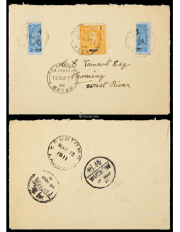 1911年澳门寄梧州半剖邮票封，贴澳门早期加盖改值1分及6分半邮票两枚