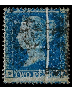 英国1855年蓝便士有齿小皇冠水印14度齿旧票一枚