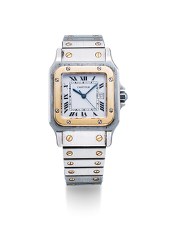 卡地亚  精美，双色黄金及精钢镶蓝宝石方形自动链带腕表，备日期显示，「Santos de Cartier」，年份约2002，附原厂表盒