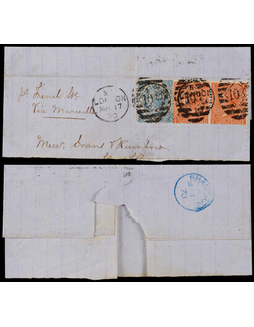 1870年英国伦敦寄上海进口折叠封，贴维多利亚女皇普票4便士二枚，2先另一枚
