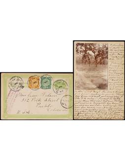 清三次邮资双片之回片1908年北京寄美国，加贴蟠龙1分、2分各一枚