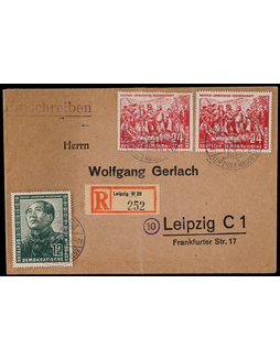 东德1952年莱比锡寄本埠挂号封，贴德中友好24马克二枚