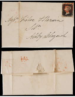 1840年黑便士首年使用折叠信，贴黑便士T-D字轨票位邮票一枚