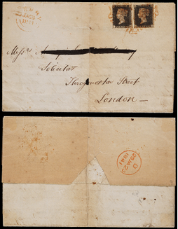 英国1841年德比寄伦敦贴折叠信，贴黑便士邮票二枚