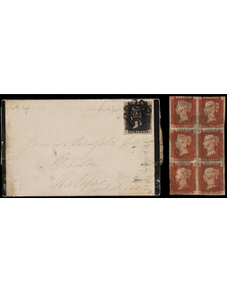 英国1841年贴黑便士折叠信及红便士6方连，贴票盖马尔它十字黑色戳