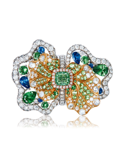 黛琳珠宝设计「小荷」1.01克拉淡彩黄绿色钻石配钻石及彩色宝石戒指、耳环及吊坠三用款