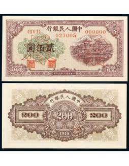1949年第一版人民币贰佰圆排云殿单枚票样一枚