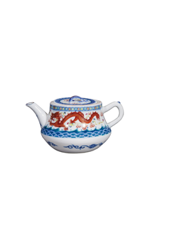 青花海水矾红龙纹茶壶