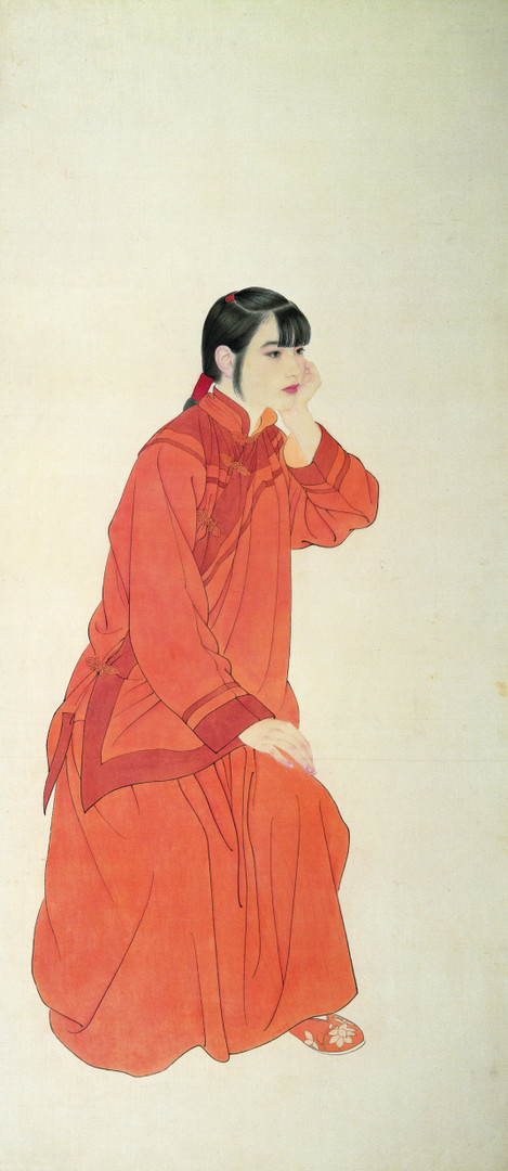 《红衣少女》  何家英 68x142cm  纸本设色