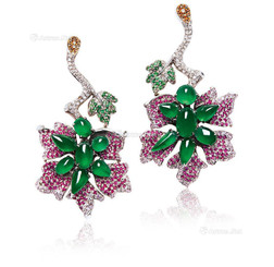 缅甸天然满绿翡翠配彩色宝石及钻石耳环