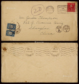 1923年美国寄上海进口欠资封，贴华盛顿2分邮票一枚