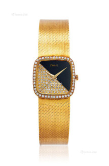伯爵 精美，女装黄金镶钻石正方形机械链带腕表