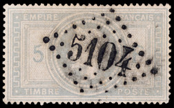 法国1869年拿破仑5法郎高值旧票一枚