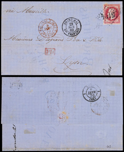 1869年上海寄法国里昂折叠信，正贴法国80丁生普票一枚