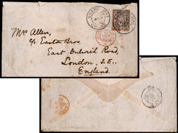 1888年上海法国客邮局寄英国封，正贴法国和平与商务神像25丁生一枚
