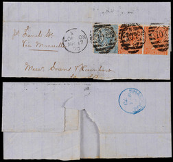 1870年英国伦敦寄上海进口折叠封，贴维多利亚女皇普票4便士二枚，2先另一枚