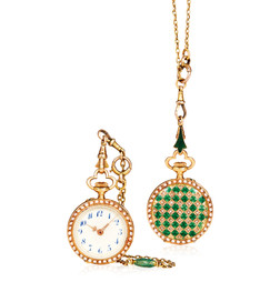 瑞士 18K黄金表冠上弦吊坠式怀表 绿色珐琅镶钻石及珍珠表壳