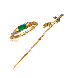 高楠设计「君子」缅甸天然满绿翡翠配钻石手镯及茶拨