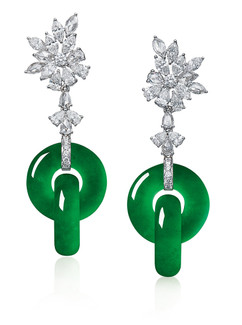 缅甸天然满绿翡翠「双环」配钻石耳环