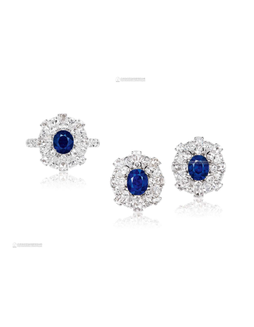 总重3.31克拉缅甸「皇家蓝」蓝宝石配钻石戒指及耳环套装，未经加热