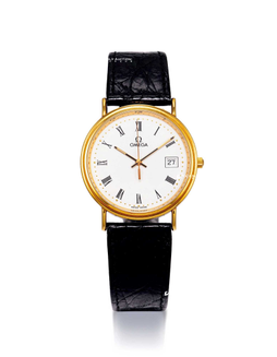 歐米茄 經典，黃金白色表盤腕表，備日期及小秒針，型號196750 MZ，年份大約1990s，附表盒