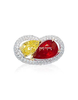 3.47克拉梨形缅甸「鸽血红」红宝石及1.51克拉梨形浓彩黄色I1钻石戒指