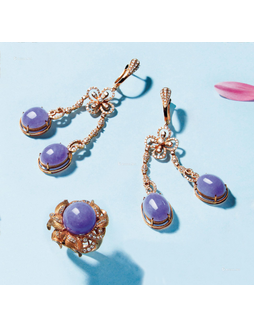 天然紫罗兰翡翠配钻石耳环及戒指套装