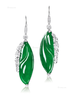 天然满绿翡翠叶型配钻石耳环